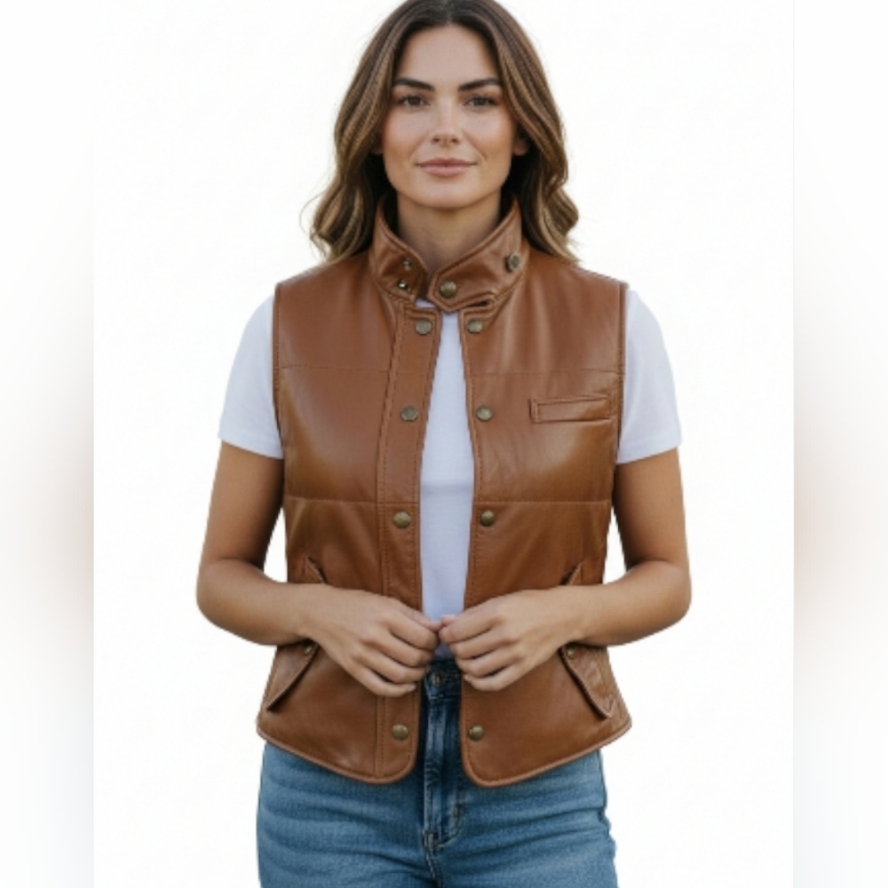 RALPH LAUREN Blue Label 100% Genuine Leather Quilted Vest. Tan Brown. EUC Size M